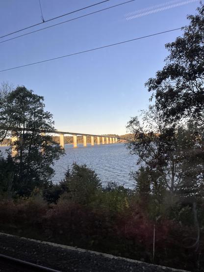 Vejlefjordbroen i aftenlys, det gennem nogle træer på skråningen langs banelegemet