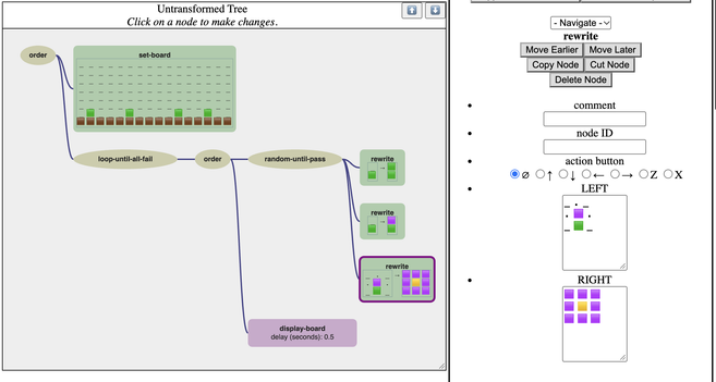 a visually-laid-out syntax tree for a program that initializes a grid of characters, then has some control flow whose terminal nodes are rewrite rules. they're cellular-automata style rewrites that have a left- and right-hand side, where the idea is if the LHS appears as a subpattern in the grid, it's replaced with the RHS.