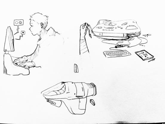 Dibujo hecho a lápiz de una nave, una persona descubriendo una consola, y por último unas manos hackeado la consola