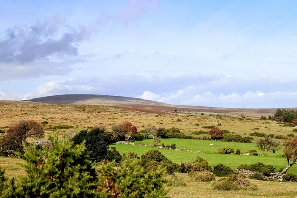 View over a green field, with the occasional sheep dotted here and there, to wild moorland under a hazy blue sky with clouds massing on the horizon.