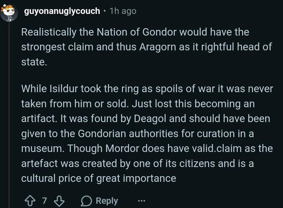Realistically the Nation of Gondor would have the strongest claim and thus Aragorn as it rightful head of state.
While Isildur took the ring as spoils of war it was never taken from him or sold. Just lost this becoming an artifact. It was found by Deagol and should have been given to the Gondorian authorities for curation in a museum. Though Mordor does have valid.claim as the artefact was created by one of its citizens and is a cultural price of great importance