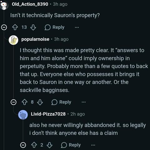 Isn't it technically Sauron's property?

I thought this was made pretty clear. It "answers to him and him alone" could imply ownership in perpetuity. Probably more than a few quotes to back that up. Everyone else who possesses it brings it back to Sauron in one way or another. Or the sackville bagginses.

also he never willingly abbandoned it. so legally don't think anyone else has a claim