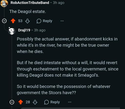 The Deagol estate.

Possibly the actual answer, if abandonment kicks in while it's in the river, he might be the true owner when.    he dies.

But if he died intestate without a will, it would revert through escheatment to the local government, since killing Deagol does not make it Sméagol's. So it would become the possession of whatever government the Stoors have??