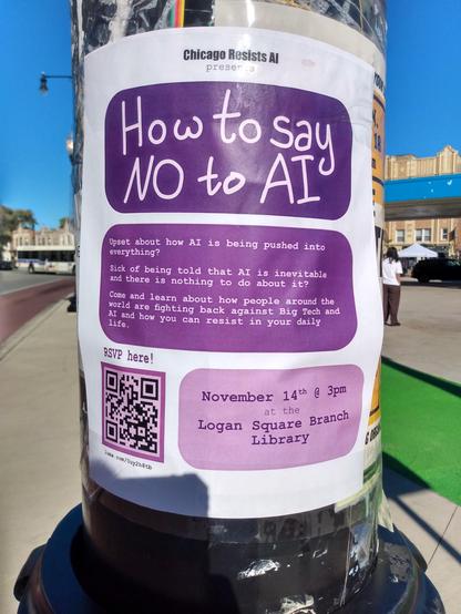 Poster on a street pole advertising an event called "How to say NO to AI" at a local library.