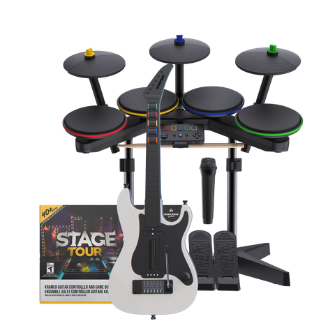 A music game bundle with a colored drum kit, guitar controller, microphone, foot pedals, and a Stage Tour game box.