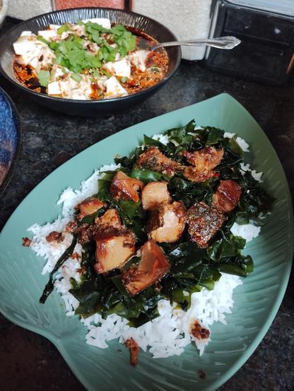 Smoked salmon salad with seaweed, with Silken Tofu with spicy soy dressing in the background.