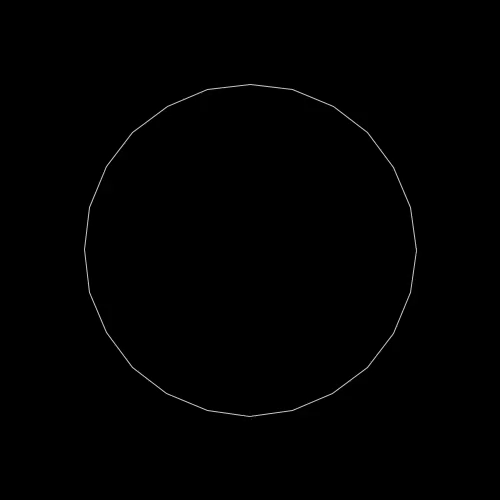 Loop animation of something resembling a circle, but actually being a regular 24-gon that slowly rotates around its centre. From each corner, a bright point pulling a trace of smaller, darker points behind (which vaguely looks like a comet's tail) moves to the opposite corner.