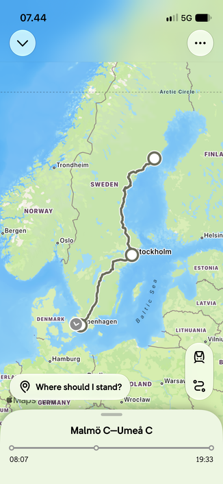 Ruten på et kort. Jeg er fremme kl 19.30 og drog fra Kbh kl 7.
