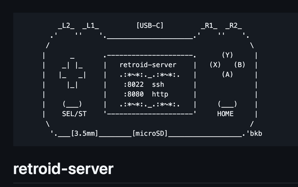 ASCII art of a Retroid Pocket handheld game console. The screen in the centre reads “retroid-server” and lists two services: SSH on port 8022 and HTTP on port 8080. Around it are the shoulder buttons L1, L2, R1, and R2, a USB-C port along the top, a d-pad and Select/Start on the left, the A, B, X, and Y buttons and a Home button on the right, and a 3.5mm jack and microSD slot along the bottom. The artist’s initials, “bkb”, sit in the bottom right corner.
