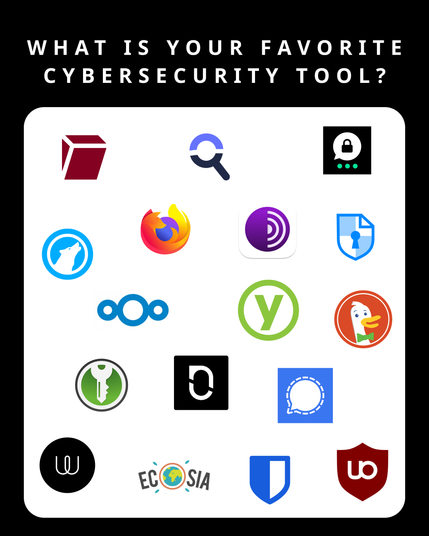App icons of different tools: Tuta, StartPage, Threema, Librewolf, Tor Browser, Cryptpad, Nextcloud, Yubico, DuckDuckGo, KeePassCX, Notesnook, Signal, Wire, Ecosia, Bitwarden, uBlockOrigin.