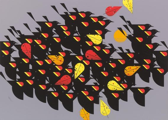 A print of red-winged blackbirds, flying en masse across a clear, blue sky. The flock of birds is made up entirely of male red-winged blackbirds, so its just a cluster of black birds with the distinctive red-and-yellow patches on their wings. They are flying towards the right-hand side of frame. Overlapping them are a few autumn leaves, matching the colors of the birds' patches, being blown towards the left-hand side of frame.