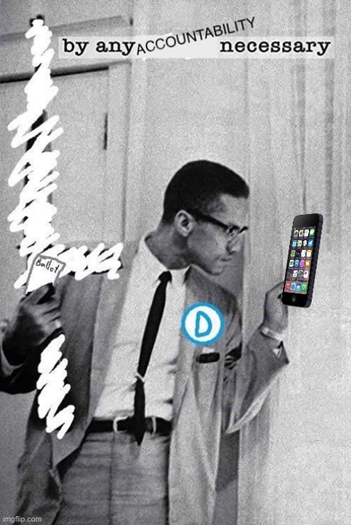 the "by any means necessary" poster meme with a blue D in a circle and the gun scribbled out with a ballot drawn in on Malcolm X, only there's now a smartphone in his other hand where he'd been looking through the curtains, and the word "means" is replaced by "accountability"