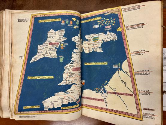 Map of the British Isles, with Scotland bent back at a 90 degree angle to better fit the landscape aspect ratio of the map.