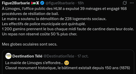 Destination Télé
La mairie de Limoges s’effondre… 🥹
Classé monument historique, le bâtiment existait depuis 150 ans (1876)

Figue2Barbarie 🇵🇸ⵣ
À Limoges, l'office public des HLM a expulsé 39 ménages et engagé 168 procédures de résiliation de bail.
Le maire a soutenu la démolition de 228 logements sociaux.
Les effectifs de police municipale ont quintuplé.
1 200 gamins prennent le bus chaque midi faute de cantine dans leur école.
Un repas non réservé coûte 50 % plus cher.

Mes globes oculaires sont secs.