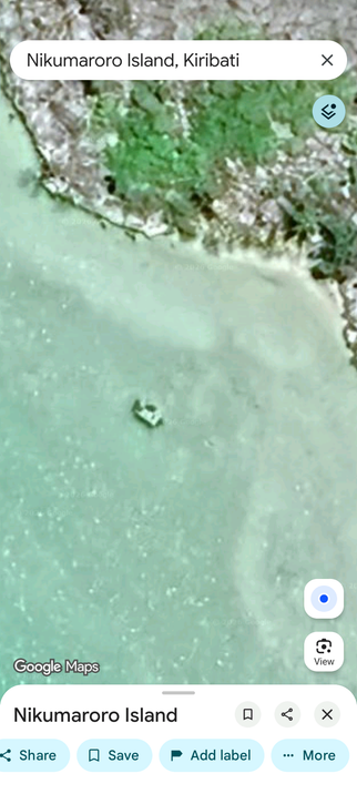 Screenshot of a Google maps satellite view of part of Nikumaroro Island, showing an oblong object in the shallow water of the lagoon.