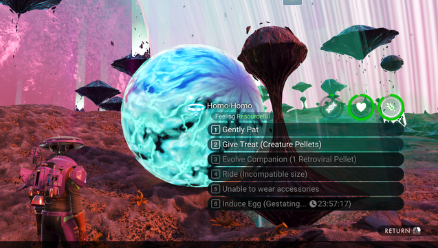 big blue sphere of a pet on a weird planet with lit fissures floating in the sky, its name is Homo-Homo