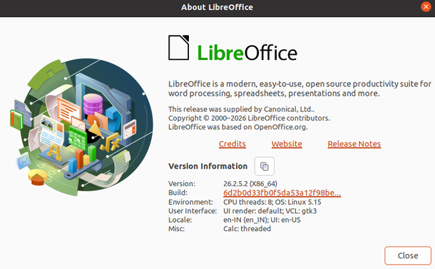 This is the screenshot of LibreOffice Calc About showing version number and OS info.