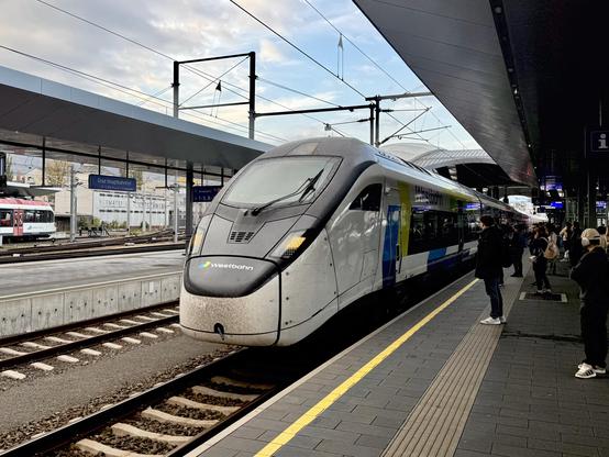 A train – a Stadler Smile – in white, blue and green is arriving at a platform.