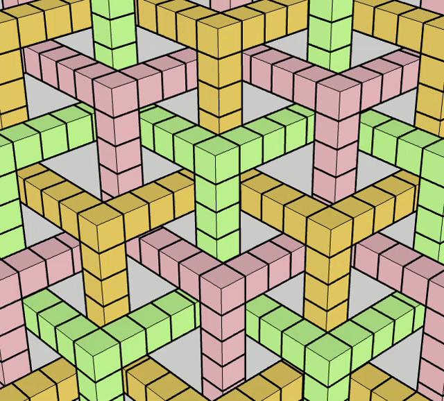 A computer rendering of three intersecting 3D shapes made of cubes that lie on the edges of larger cubes.