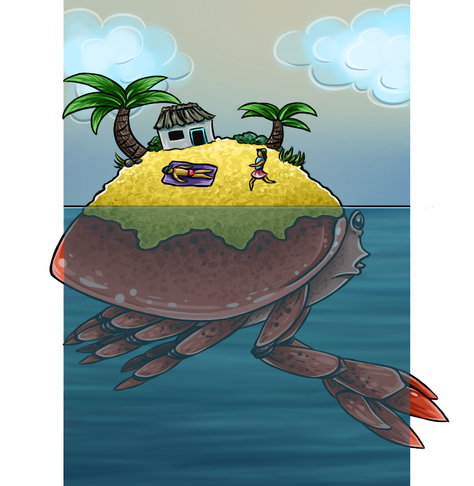 Cartoon style drawing of a giant crab swimming near sea surface. Upper part of its back are above the surface and is covered with sand like beach island. On that island there is small shack between two palm trees and some bushes. Man in swimming pants is sunbathing lying on a purple towel and woman in blue top and pink skirt is running around. They are depicted zoomed out, very small and simplified.
