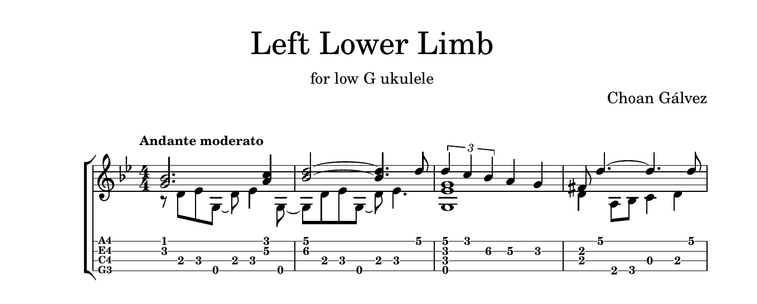 Primeros compases de una partitura para ukelele, titulada Left Lower Limb (Extremidad inferior izquierda). La marca de metrónomo es "Andante moderato".