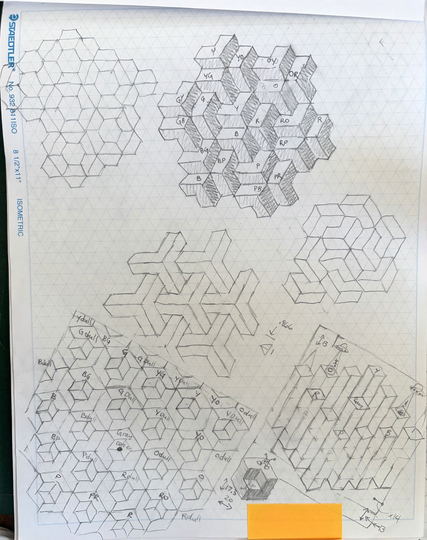 Symmmeptric tilings sketched on triangular graph paper.