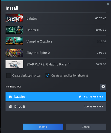 A game installation window lists five games and their file sizes, with the “bazzite” drive selected and the Install button visible.