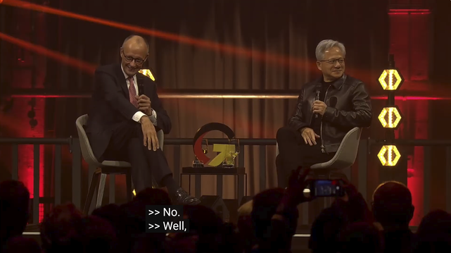 Screenshot "Fireside Chat" von Merz und Huang. Caption: ">> No.  >> Well,"