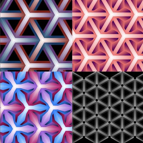 Four digital drawings of what looks approximately like 3 hexagonal interwoven grids though some of the drawings have extra bits to fill the spaces and make them work as tilings. A couple seem to show a petal-like structure rather than straight lines. Three are colourful, but one is black and white with thick grid lines that are intricately patterned with rhombuses on a black background. That one has gaps where the vertices in the hexagonal grid would be. They all might be thought of as tilings of somewhat fancy impossible triangles.