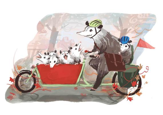 a digital painting of a bakfiet cargo bike with opossum babies in the bucket. mama opossum is pedaling, with another baby sitting behind her