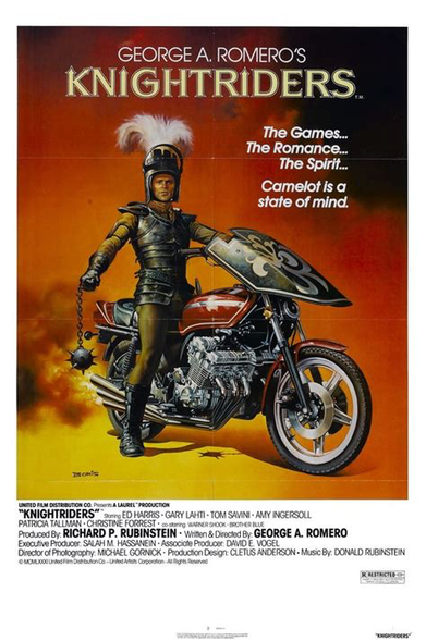 Poster for the movie "George A. Romero's Knightriders", showing Ed Harris dressed in armor carrying a flail and sitting astride a motorcycle.