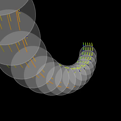 Three-dimensional loop animation showing 15 semitransparent circular discs positioned behind each other in a line that may be a sector of a circle (about one eighth of a full circle); coloured  lines – each of them being a sector enclosing the same angle as the line mentioned above – lead through theses discs (as surface normals); blue dots move along these lnes.