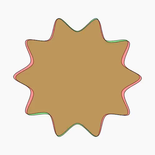 Loop animation of two shapes on a white background. On is coloured green and resembles a star with rounded corners, the other is coloured red or pink and appears to be to first one deformed ans rotated. The deformation and rotation runs in a loop and depends on the frame number, so every now and then, both shapes are congruent. Their intersection is coloured brown.