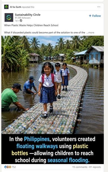 Children in school uniforms walking along a curved floating walkway made from tied plastic bottles through a flooded Philippine village, a volunteer-built path enabling them to reach school during seasonal flooding.