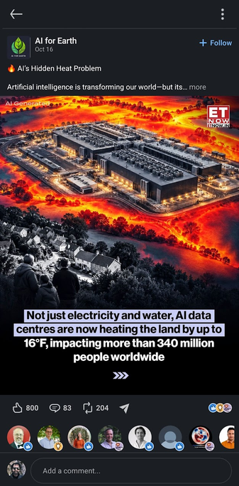 Dramatic illustration of a sprawling AI data center radiating intense heat that turns nearby fields glowing red as residents watch, with text warning that AI data centres can heat land by up to 16°F, affecting over 340 million people worldwide.