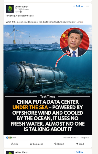Underwater cylindrical data center on the seafloor with cables and offshore wind turbines above, a circled portrait of a suited man against a Chinese flag linked by an arrow, and a headline about China putting a data center under the sea.