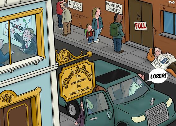 Cartoon illustrating economic inequality: on the left of a street, a well-dressed figure inside an office labeled 'Duck & Evade: Tax consultants for wealthy people' is advising his clients on how to best evade taxes. On the right of the street, people wait in line outside a 'Food Bank' and a 'Homeless Shelter' marked 'FULL,' while a person sleeps on the ground under a newspaper with the headline 'Cuts to social policy'. A large SUV has stopped in front of the tax consultancy office; the driver shouts 'LOSER!' at the homeless person sleeping on the ground.