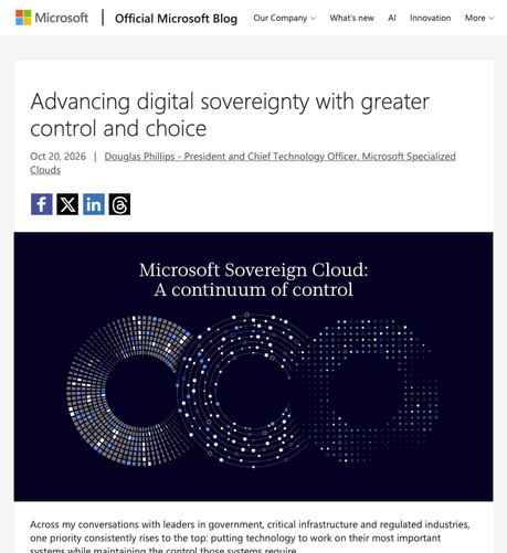 Screenshot of a post about digital sovereignty on the official Microsoft blog with a hero image featuring three overlapping circular shapes that together resemble the logo of a certain open source cloud and collaboration platform