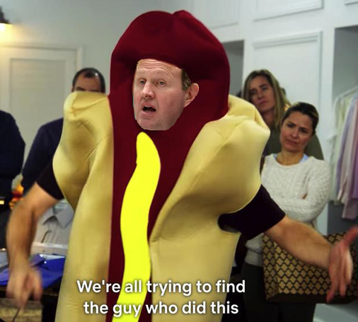 It's the "We're all trying to find the guy who did this" meme, except Jim O'Callaghan TD's face is superimposed on the hot dog guy's head.

Who made this? 

I did. I made it. You're welcome.