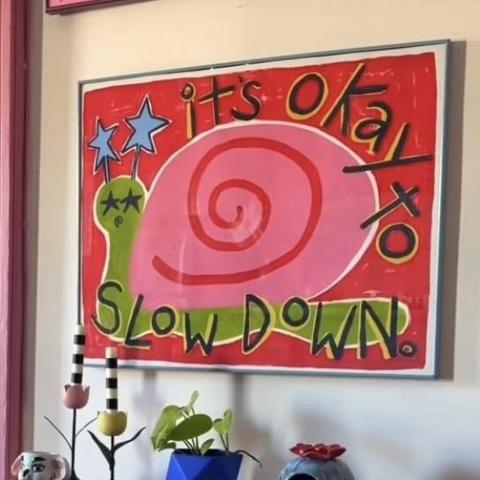 a frame on a wall with a big snail, and letters on its back saying: "its okay to slow down"
