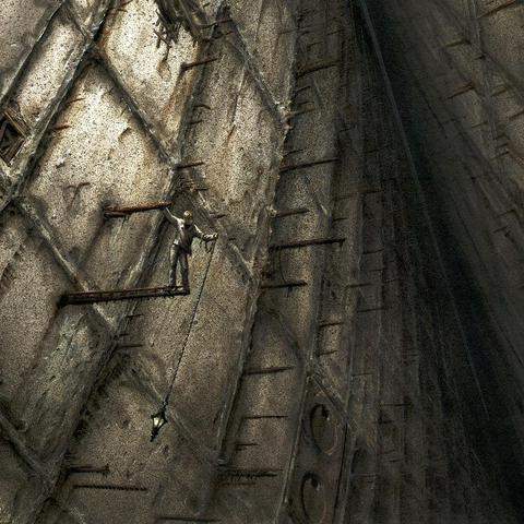 Detail from PENDULUM featuring a man standing on a narrow outcrop of rebar. A lantern dangles low on a chain as he grabs another outcrop of rebar to steady himself as the lantern swings like a pendulum.