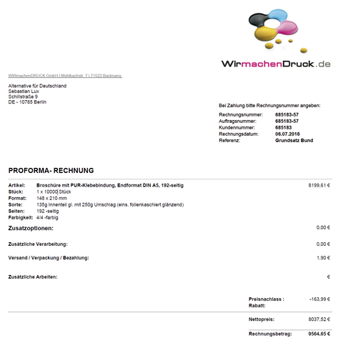 Eine der Rechnungen (über knapp 10.000 Euro für Broschüren) mit dem Logo, das auf jeder der Rechnungen oben rechts prangt: WirmachenDruck.de