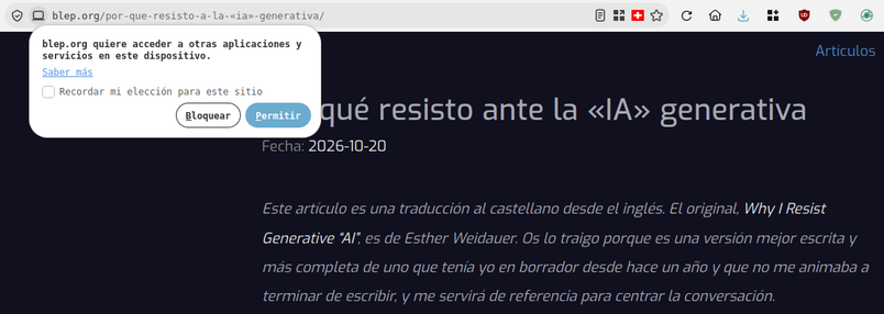 captura de pantalla de un warning en librefox al visitar la web que dice 

blep.org quiere acceder a otras aplicaciones y servicios en este dispositivo

sabe más

recordar mi elección para este sitio

bloquear permitir