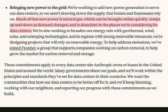 Bringing new power to the grid: We’re working to add new power generation to serve our data centers, so we aren’t drawing down the supply that homes and businesses rely on. Much of that new power is natural gas, which can be brought online quickly, ramps up and down as demand changes, and is abundant in the places we’re considering for data centers. We’re also working to broaden our energy mix with geothermal, wind, solar, and emerging technologies, and in regions with strong renewable resources, we’re designing projects that will rely on renewable energy. To help address emissions, we’ve joined Frontier, a group that supports companies working on carbon removal, to help grow the market for carbon removal and storage.