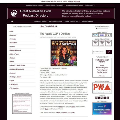 Becky May: The Aussie GLP-1 Dietitian   
Screenshot of the podcast listing on the Great Australian Pods website