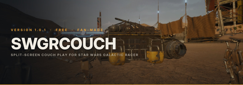 A banner for “SWGRCOUCH,” a free fan-made split-screen couch-play mod for Star Wars Galactic Racer, over an image of a sci-fi racing vehicle in a desert hangar.