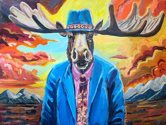 A moose man in a blue suit and hat against a fiery red sunset and mountains.