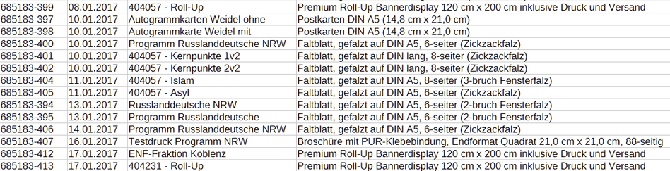 Screenshot eines Tabellenteils: Rechnungsnummern, Rechnungsdaten, Referenzbezeichnungen wie "Autogrammkarte Weidel ohne" oder "404057 - Islam", "404057 - Asyl", Produktbeschreibungen wie "Broschüre mit PUR-Klebebindung, Endformat Quadrat 21,0 cm x 21,0 cm, 88-seitig".