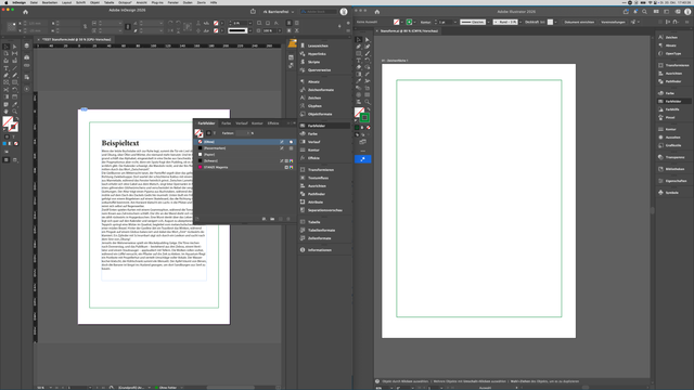 Bildschirmaufnahme zeigt Illustrator und InDesign gleichzeitig geöffnet. Bei InDesign sieht man ein Beispieldokument und die Farbpalette, die eine Farbe "Stanze Magenta" anzeigt. Bei Illustrator sieht man einen farbigen Rahmen, der aber nicht in der Frabe Magenta ist, sondern in Grün.