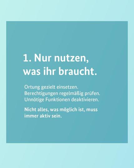 Türkisfarbene Grafik mit Tipps zur Smartwatch-Nutzung: Ortung gezielt einsetzen, Berechtigungen prüfen und unnötige Funktionen deaktivieren.